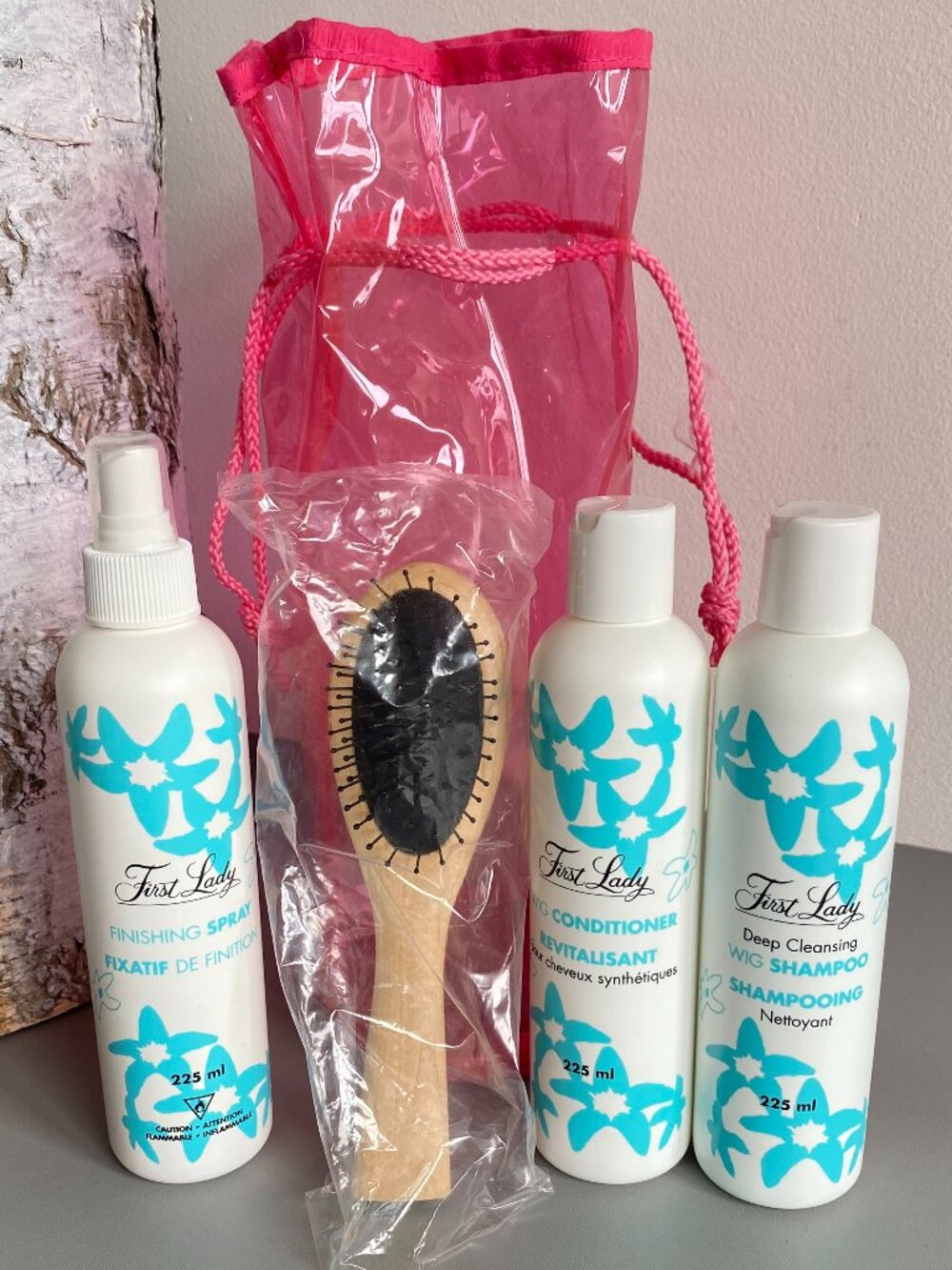 First Lady Synthetic Wig Care Kit Shampoo Conditioner Finishing Spray Brush Bag